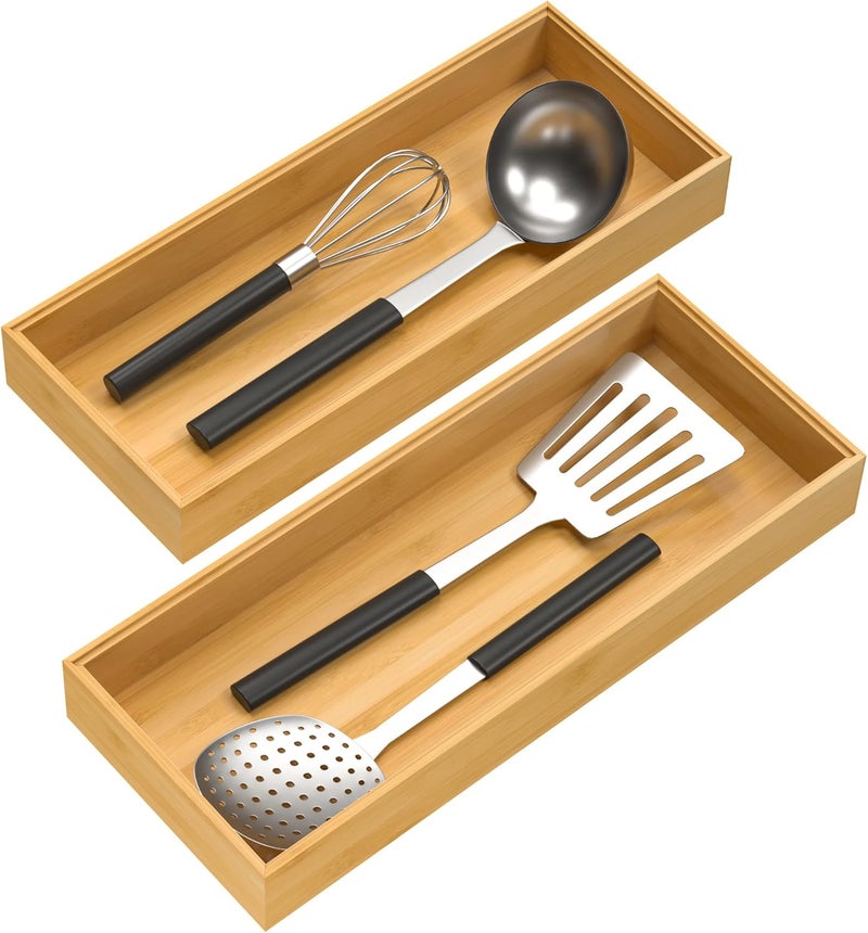VeyFey Bamboo Drawer Organizer, Stackable Utensil Organizer for Kitchen, Bamboo Storage Box Wood Silverware Tray for Drawer 15" x 6" x 2" Set of 2 - Image 1